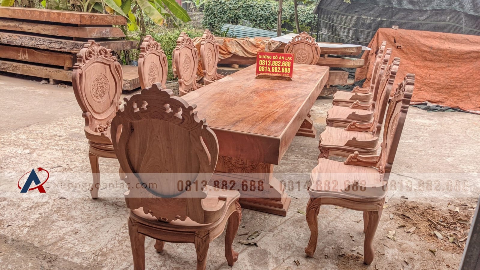 Bộ bàn ăn nguyên khối gỗ hương đá 10 ghế louis hoàng gia tân cổ điển siêu vip (Anh Mến, Hà Nam) 26 bàn ghế ăn hoàng gia gỗ hương đá