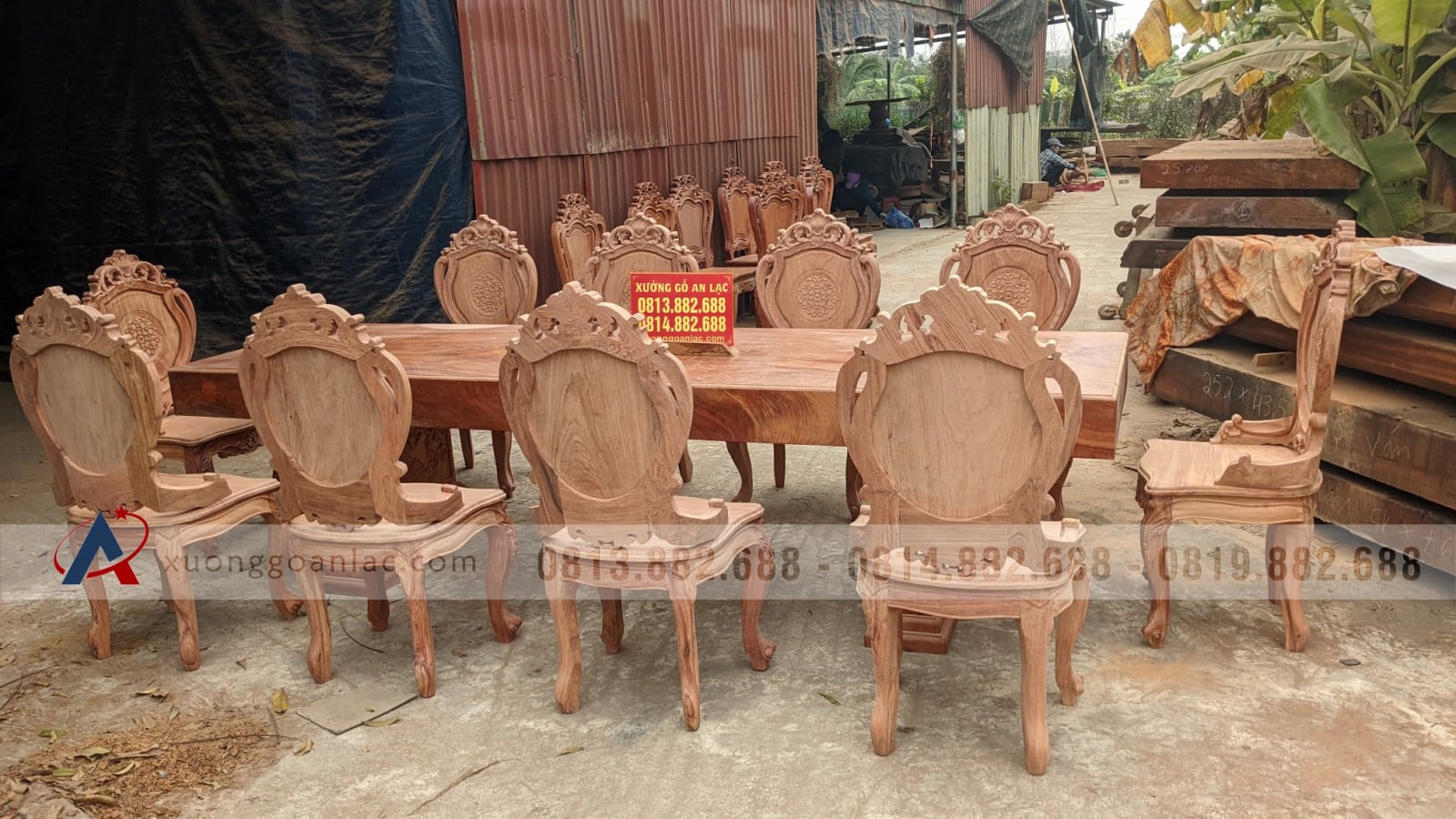 Bộ bàn ăn nguyên khối gỗ hương đá 10 ghế louis hoàng gia tân cổ điển siêu vip (Anh Mến, Hà Nam) 25 bàn ăn gỗ hương đá nguyên khối