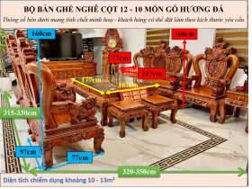 KÍCH THƯỚC BỘ BÀN GHẾ NGHÊ CỘT 12 - 10 MÓN GỖ HƯƠNG ĐÁ