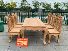 Bàn ăn Hoàng Gia ghế hoa hồng gỗ gõ đỏ