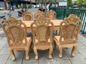 Bộ bàn ăn hoàng gia 6 ghế hoa hồng gỗ gõ đỏ (Anh Hồng, Bắc Giang) 13 bàn ghế ăn louis hoa hồng
