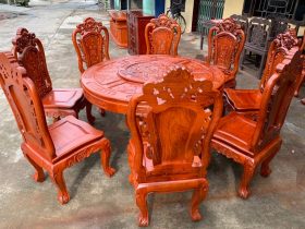 Bộ bàn ăn tròn xoay 8 ghế louis hoa hồng gỗ gõ đỏ cao cấp 10 bàn ăn gỗ gõ đỏ tròn xoay