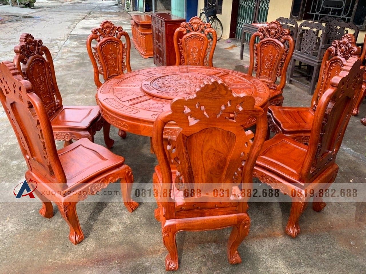Bộ bàn ăn tròn xoay 8 ghế louis hoa hồng gỗ gõ đỏ cao cấp 20 bàn ăn gỗ gõ đỏ tròn xoay cao cấp