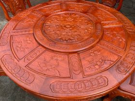 Bộ bàn ăn tròn xoay 8 ghế louis hoa hồng gỗ gõ đỏ cao cấp 11 bàn ăn gỗ gõ đỏ tròn xoay