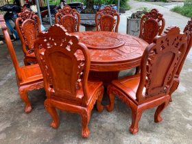 Bàn ghế ăn tròn xoay ghế louis hoa hồng gỗ gõ đỏ
