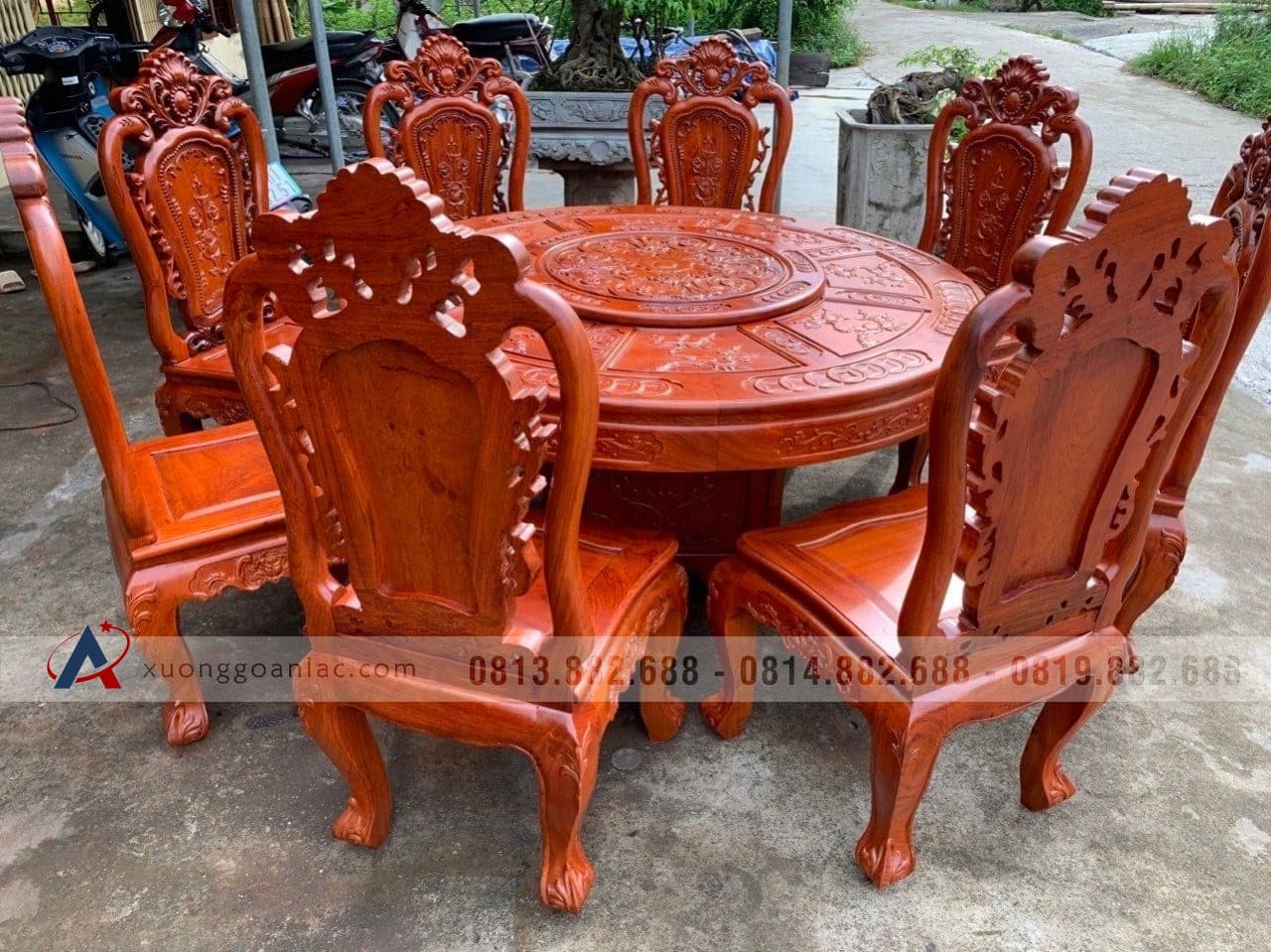 Bộ bàn ăn tròn xoay 8 ghế louis hoa hồng gỗ gõ đỏ cao cấp 16 Bàn ghế ăn tròn xoay ghế louis hoa hồng gỗ gõ đỏ