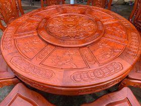Bộ bàn ăn tròn xoay 8 ghế louis hoa hồng gỗ gõ đỏ cao cấp 15 bàn ăn gỗ gõ đỏ tròn xoay