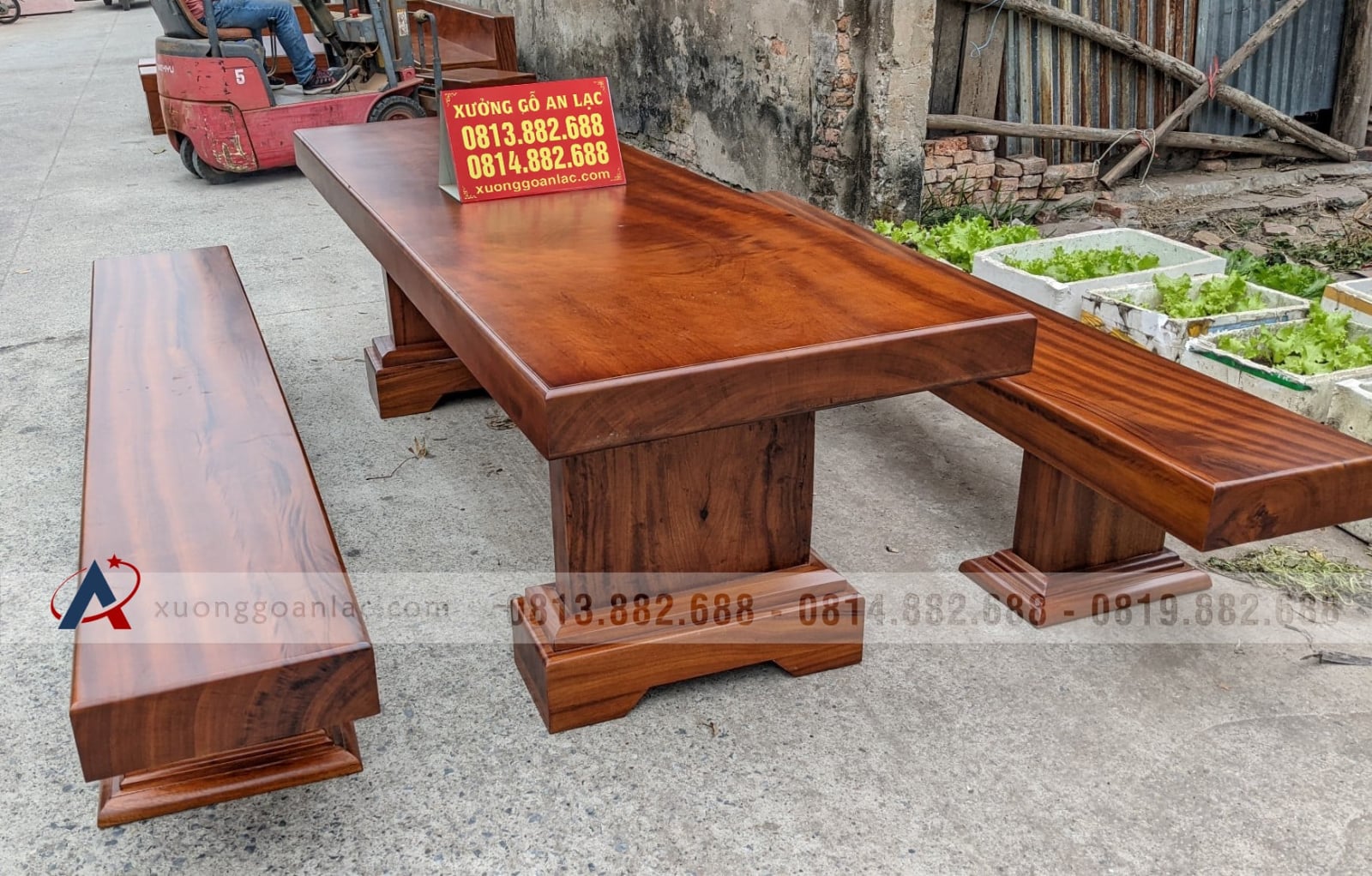 Bộ bàn ăn K3 dài 2m85 gỗ gõ đỏ nguyên khối hàng Vip (Chị Làn, Hà Nội) 12 bàn ghế k3 gỗ gõ đỏ