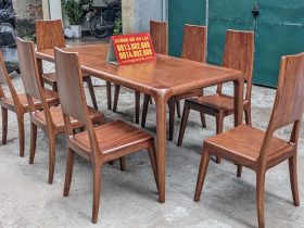 Bộ bàn ăn bo góc gỗ gõ đỏ 8 ghế trơn phun màu giả óc chó