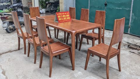 Bộ bàn ăn bo góc gỗ gõ đỏ 8 ghế trơn phun màu giả óc chó