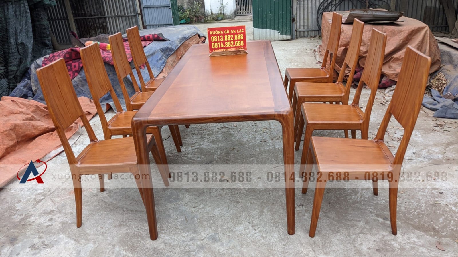 Bộ bàn ăn chân cao bo tròn góc gỗ gõ đỏ 8 ghế trơn hiện đại (Anh Hoa, Hà Nội) 18 bàn ăn gỗ gõ đỏ 8 ghế