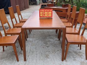 Bộ bàn ăn chân cao bo tròn góc gỗ gõ đỏ 8 ghế trơn hiện đại