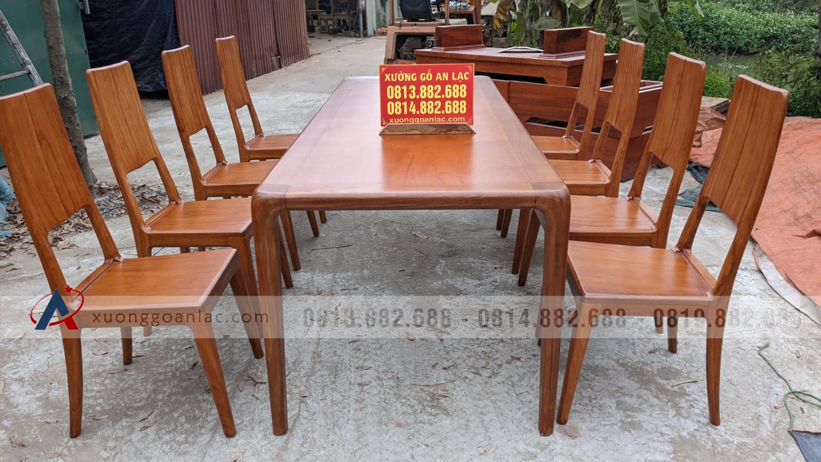 Bộ bàn ăn chân cao bo tròn góc gỗ gõ đỏ 8 ghế trơn hiện đại (Anh Hoa, Hà Nội) 14 Bộ bàn ăn chân cao bo tròn góc gỗ gõ đỏ 8 ghế trơn hiện đại
