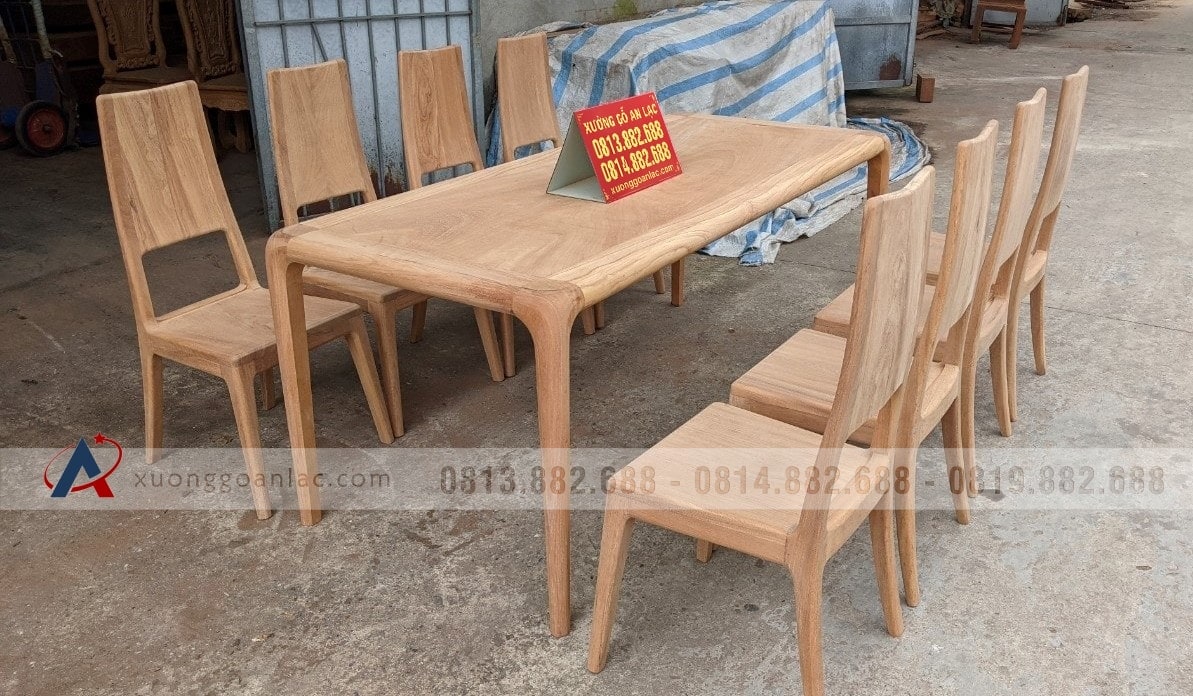 Bộ bàn ăn chân cao bo tròn góc gỗ gõ đỏ 8 ghế trơn hiện đại (Anh Hoa, Hà Nội) 16 bộ bàn ăn gỗ gõ đỏ nguyên mộc