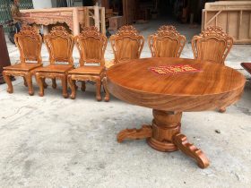 Bộ bàn ăn gỗ gõ đỏ nguyên khối hàng tuyển gỗ lựa vân (Anh Huân, Thanh Hóa) 9 bàn ăn tròn nguyên khối gỗ gõ đỏ