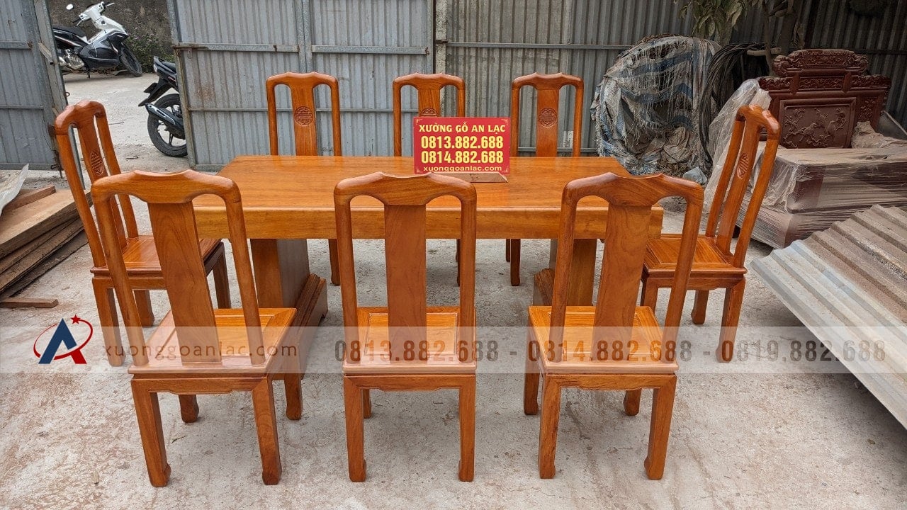 Bộ bàn ăn nguyên khối 2m17 gỗ gõ đỏ 8 ghế chữ Thọ (Chị Liên, Nam Định) 15 bàn ăn 8 ghế chữ thọ gỗ gõ đỏ