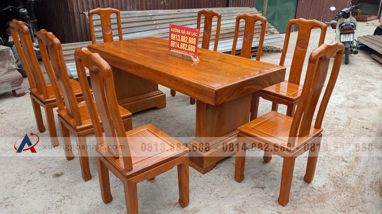 Bộ bàn ăn nguyên khối 2m17 gỗ gõ đỏ 8 ghế chữ Thọ (Chị Liên, Nam Định) 14 bàn ăn gỗ nguyên khối 2m17