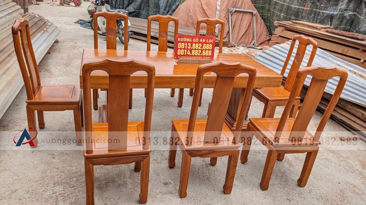 Bộ bàn ăn nguyên khối 2m17 gỗ gõ đỏ 8 ghế chữ Thọ (Chị Liên, Nam Định) 5 bàn ăn gỗ nguyên khối gỗ gõ đỏ