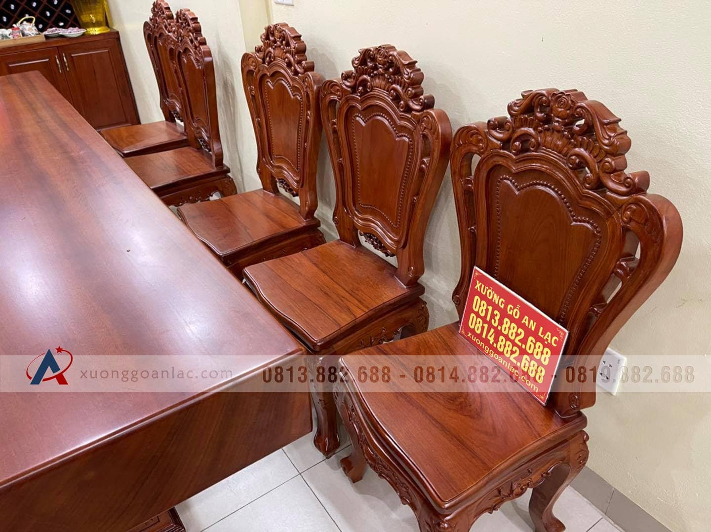 Bộ bàn ăn nguyên khối gỗ gõ đỏ hàng cực vip (Chị Hiên, Hải Phòng) 4 bàn ghế ăn mẫu louis hoàng gia