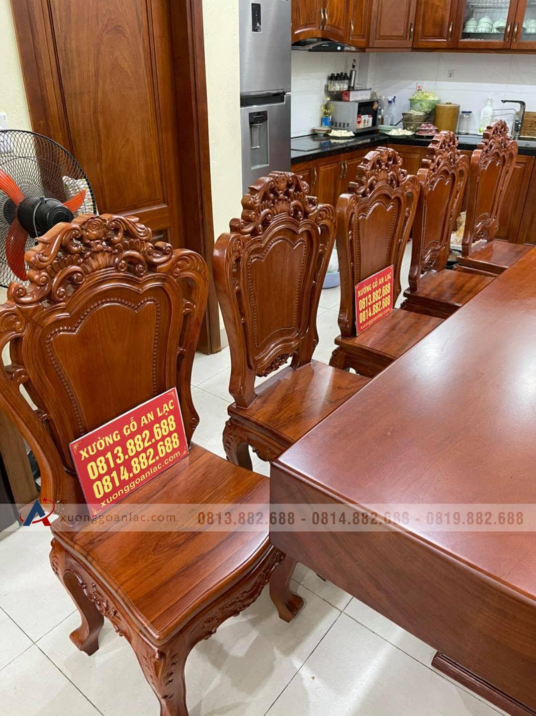 Bộ bàn ăn nguyên khối gỗ gõ đỏ hàng cực vip (Chị Hiên, Hải Phòng) 14 bàn ăn nguên khối 10 ghế