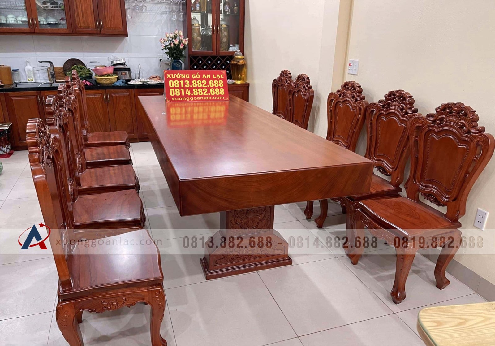 Bộ bàn ăn nguyên khối gỗ gõ đỏ hàng cực vip (Chị Hiên, Hải Phòng) 12 Bộ bàn ăn nguyên khối gỗ gõ đỏ