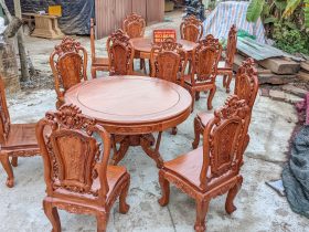 Bộ bàn ăn tròn 6 ghế hoa hồng đục 2 mặt gỗ hương đá (Chị Như, Thái Nguyên) 11 bàn ăn gỗ hương đá tự nhiên