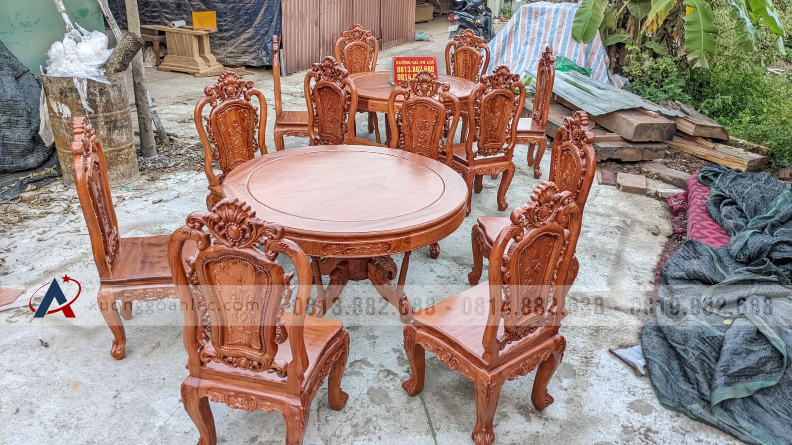 Bộ bàn ăn tròn 6 ghế hoa hồng đục 2 mặt gỗ hương đá (Chị Như, Thái Nguyên) 21 bàn ăn gỗ hương đá tự nhiên