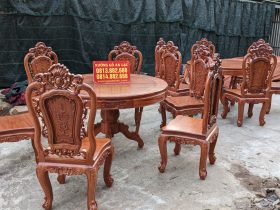 Bộ bàn ăn tròn 6 ghế hoa hồng đục 2 mặt gỗ hương đá (Chị Như, Thái Nguyên) 15 bàn ghế ăn mẫu louis hoa hồng gỗ gõ đỏ