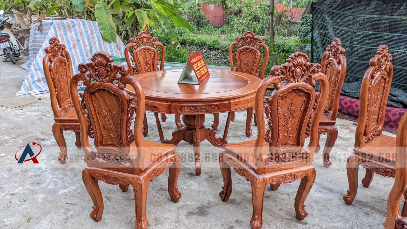 Bộ bàn ăn tròn 6 ghế hoa hồng đục 2 mặt gỗ hương đá (Chị Như, Thái Nguyên) 19 bàn ăn tròn gỗ hương đá tự nhiên
