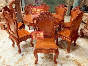 Bộ bàn ăn tròn gỗ hương đá 8 ghế hoa lá tây