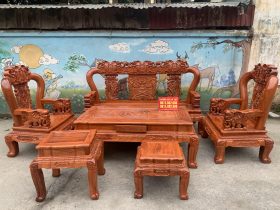 Bộ ghế minh quốc voi chiến tay cột 12 đục hai mặt gỗ hương đá