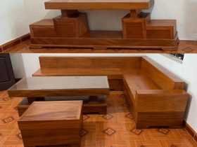 Combo bộ sofa góc và kệ tivi gỗ gõ đỏ mặt nguyên khối (anh Tuân, Hà Nội)