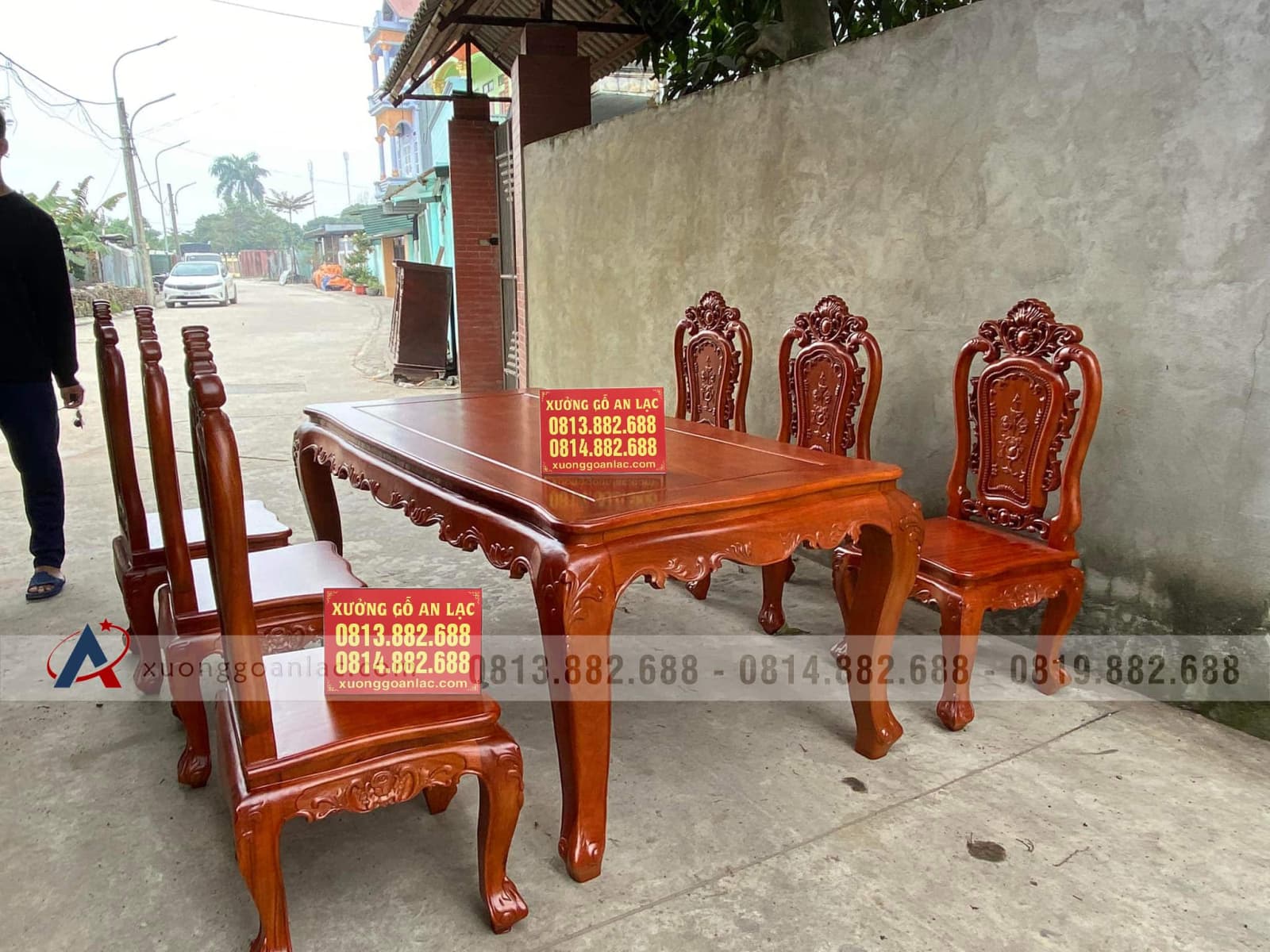 Bộ bàn ăn hoàng gia 6 ghế gỗ gõ đỏ phun giả hương (Chị Hoa, Hải Phòng) 10 bộ bàn ăn Hoàng Gia 6 ghế gỗ gõ đỏ phun giả hương
