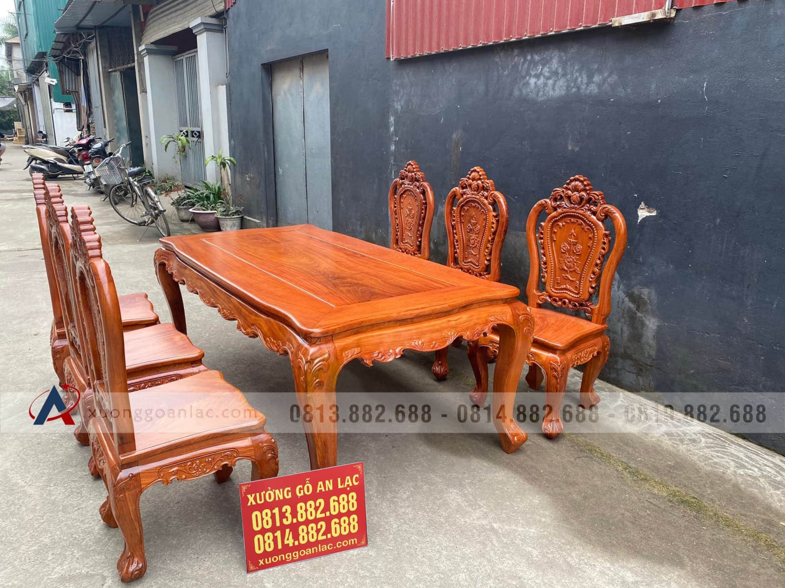 Bộ bàn ăn louis hoàng gia tân cổ điển 6 ghế hồng hạt gỗ hương đá (Anh Hiền, Hà Nội) 17 bàn ăn ghế hoa hồng gỗ hương đá