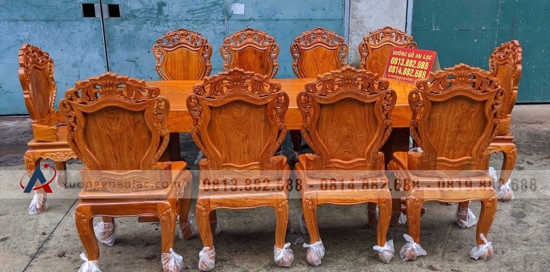 Mẫu ghế ăn gỗ hương đá đục hoa lá tây mặt ván tràn bo cong 18 bàn ghế ăn gỗ hương đá