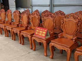 Mẫu ghế ăn gỗ hương đá đục hoa lá tây mặt ván tràn bo cong