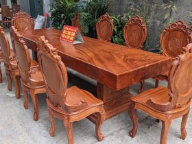 Siêu phẩm bộ bàn ăn gỗ hương đá nguyên khối 10 ghế hàng siêu vân