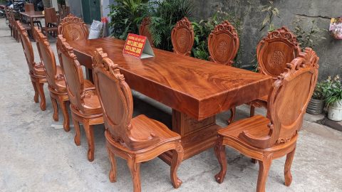 Siêu phẩm bộ bàn ăn gỗ hương đá nguyên khối 10 ghế hàng siêu vân