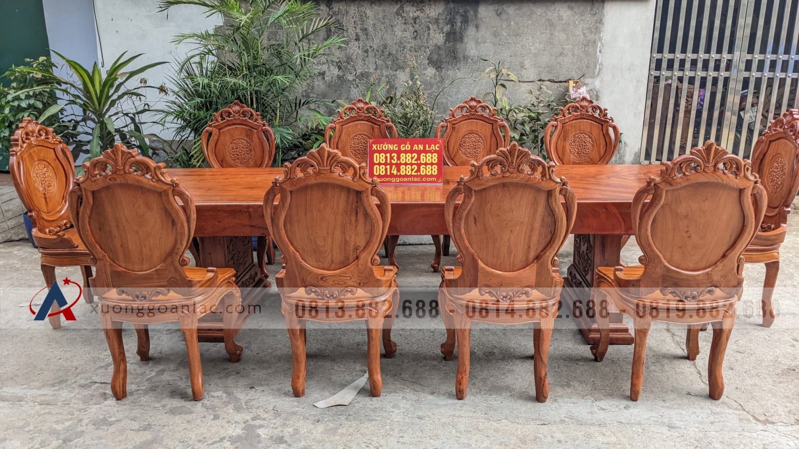 Siêu phẩm bàn ăn gỗ hương đá nguyên khối 10 ghế hàng siêu vân (Chị Sánh, Nam Định) 17 bàn ghế ăn gỗ hương đá 10 ghế