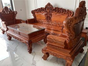 Bộ bàn ghế Hoàng Gia vách trơn 6 món gỗ hương đá