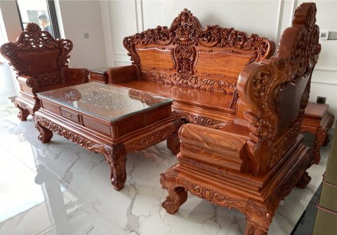 Bộ bàn ghế Hoàng Gia vách trơn 6 món gỗ hương đá