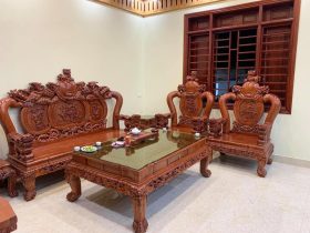 bàn ghế nghê bảo đỉnh cột 12 gỗ hương đá