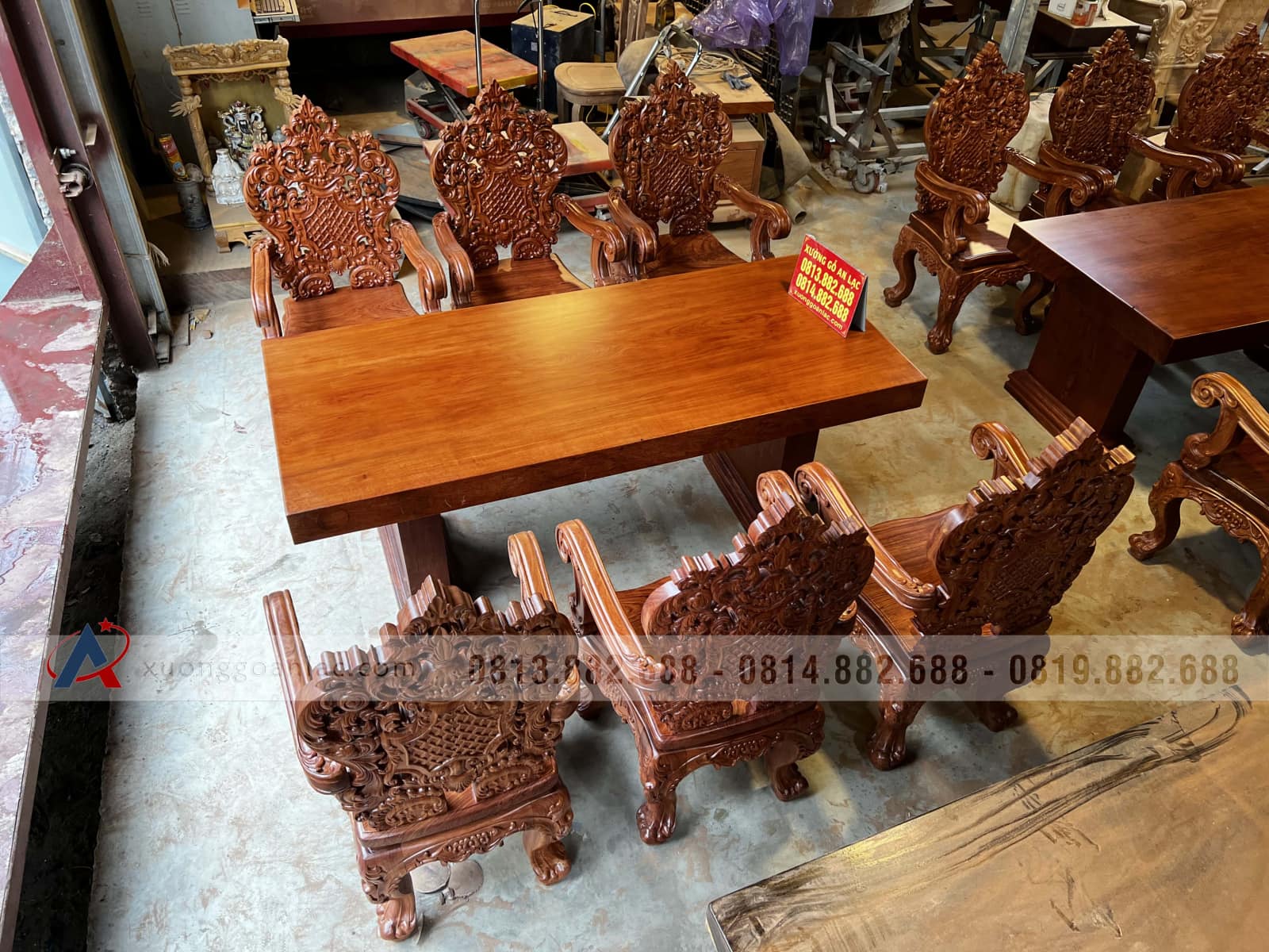 2 bộ bàn ăn nguyên khối 6 ghế hoàng gia vip gỗ hương đá (Anh Tuệ, Hà Tĩnh) 13 bàn ghế ăn gỗ gõ đỏ