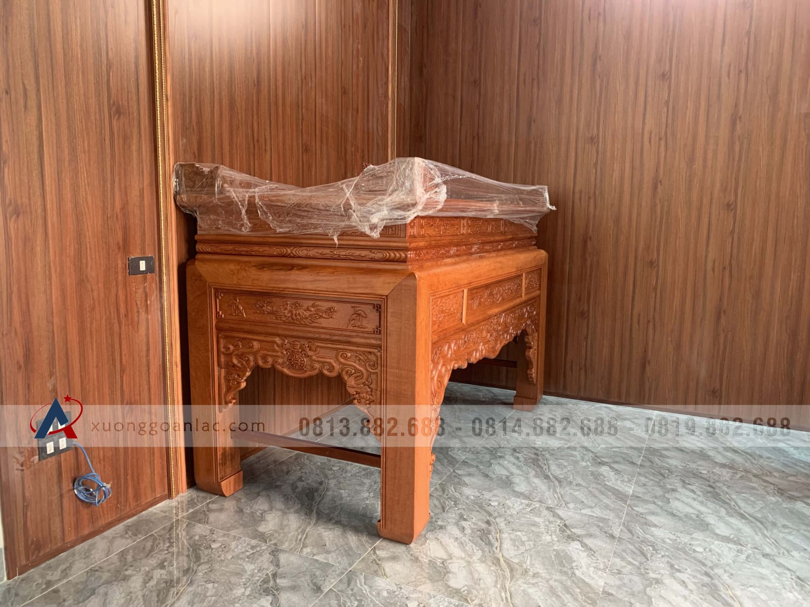 Án gian kim tiền ngũ phúc gỗ Hương Đá 2m17 (Đông Anh - Hà Nội) 34 án gian thờ gỗ hương đá