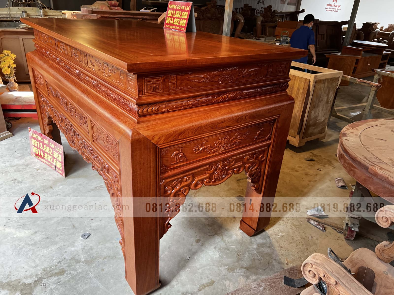Án gian kim tiền ngũ phúc gỗ Hương Đá 2m17 (Đông Anh - Hà Nội) 32 án gian thờ gỗ hương đục ngũ phúc kim tiền