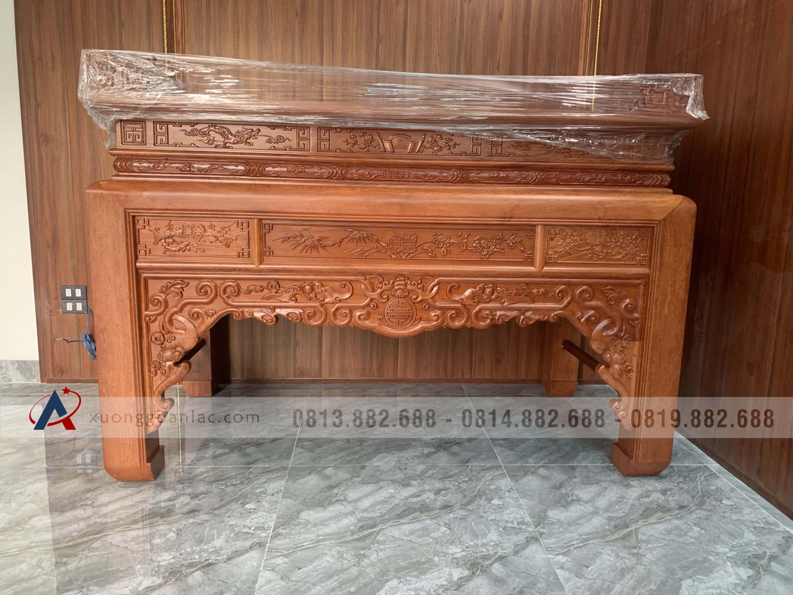 Án gian kim tiền ngũ phúc gỗ Hương Đá 2m17 (Đông Anh - Hà Nội) 26 án gian thờ gỗ hương đá