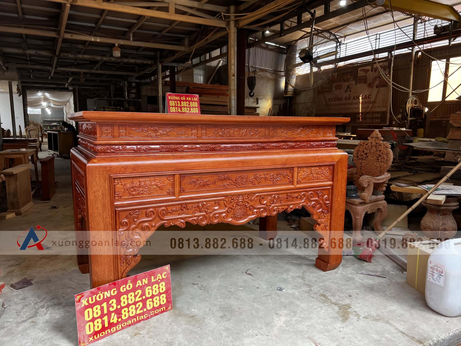Án gian kim tiền ngũ phúc gỗ Hương Đá 2m17 (Đông Anh - Hà Nội) 33 án gian thờ gỗ hương đá