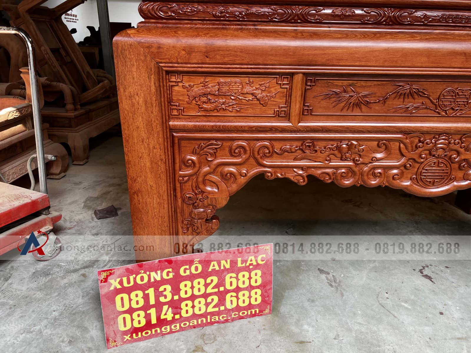 Án gian kim tiền ngũ phúc gỗ Hương Đá 2m17 (Đông Anh - Hà Nội) 31 án gian thờ gỗ hương đá đục ngũ phúc