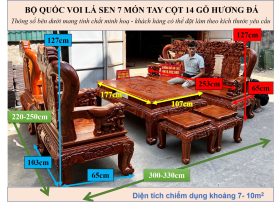 KÍCH THƯỚC BỘ QUỐC VOI LÁ SEN 7 MÓN TAY CỘT 14 GỖ HƯƠNG ĐÁ