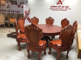 Bộ bàn ăn tròn 8 ghế Louis hoa lá tây gỗ Hương Đá (Bác Thuyết - Gia Lâm, Hà Nội) 7 bàn ăn 8 ghế gỗ hương đá